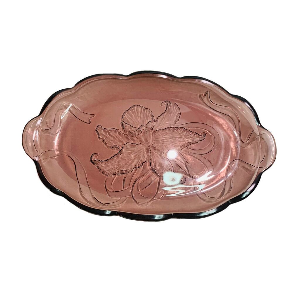 Vintage Glass Serving Platter Tray Medium Daffodil Clear Pink Plate 14 x 8.5"